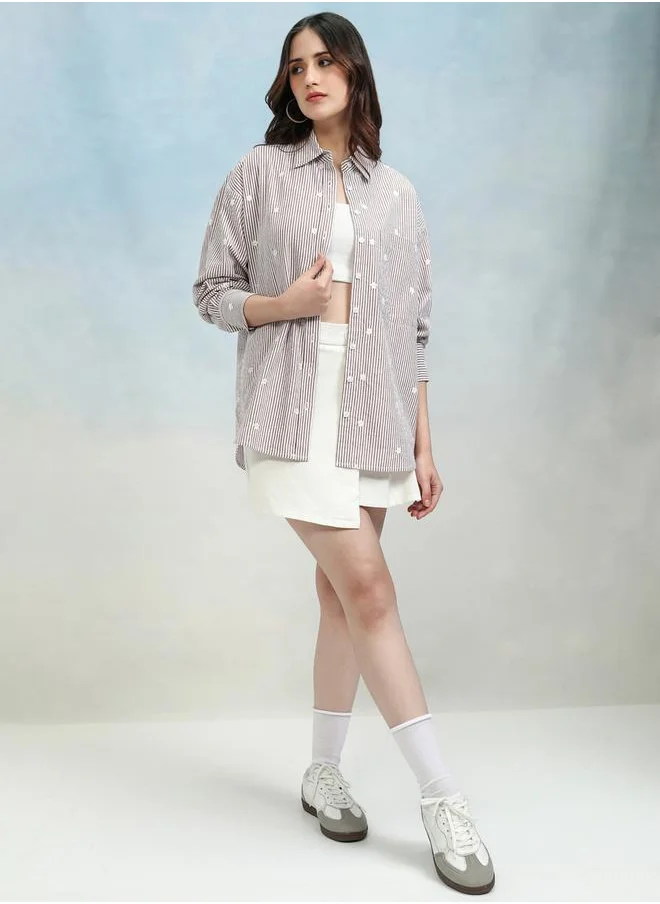 Tokyo Talkies Embroidered Striped Casual Shirt with Pocket