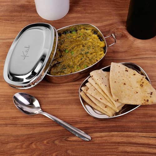 inKitch Stylish Steel Lunch Box for Kids & Office | Leak-Proof 650ML Tiffin with Inner Box & Clip Lock | Durable Round Steel Lunchbox for School & College - Image 3