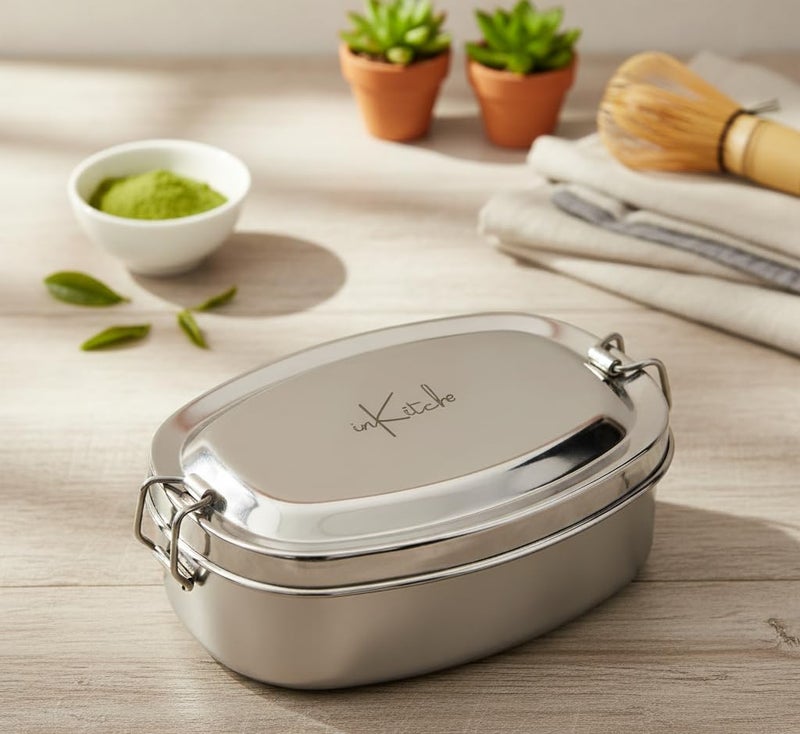 inKitch Stylish Steel Lunch Box for Kids & Office | Leak-Proof 650ML Tiffin with Inner Box & Clip Lock | Durable Round Steel Lunchbox for School & College - Image 1