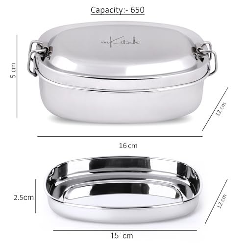 inKitch Stylish Steel Lunch Box for Kids & Office | Leak-Proof 650ML Tiffin with Inner Box & Clip Lock | Durable Round Steel Lunchbox for School & College - Image 2