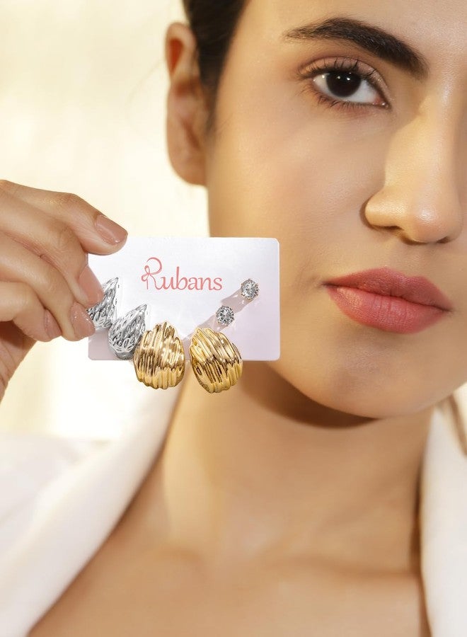 Rubans Earrings Combo Set of 3 Stylish Jewellery with Textured-Drop & Crystal Studs Gift for Women & Girls - Image 2