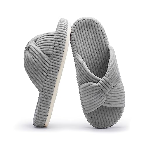 Chantomoo Slippers for Women Memory Foam House Bedroom Corduroy Bow Crossbands Slide Slipper Shoes Comfy Trendy Gift Slippers Grey Size7 8 6.5 - Image 1