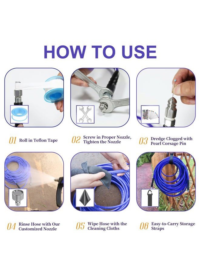 TUTULUCK 100FT Sewer Jetter Kit for Pressure Washer 1/4"NPT Drain Cleaner Hose 5800PSI Corner Rotating and Button Hose Sewer Jetting Nozzle Pearl Corsage Pin Tape Handle Strap Spanner - Image 4