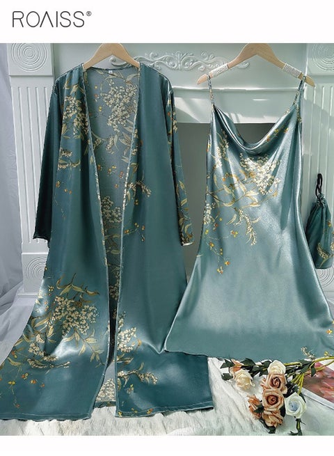 طقم نوم مكون من قطعتين من الساتان المطبوع بطول الركبة، ثوب نوم كلاسيكي بأكمام طويلة، مجموعة ملابس نوم مريحة وقابلة للتنفس، أخضر