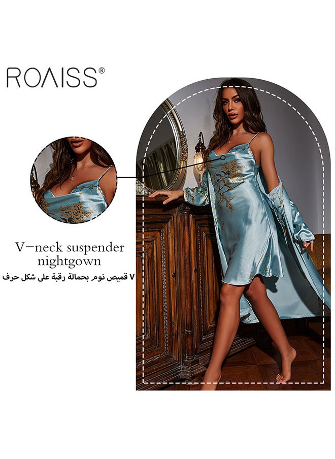 roaiss طقم نوم مكون من قطعتين من الساتان المطبوع بطول الركبة وحمالات قميص نوم كلاسيكي بأكمام طويلة وقميص نوم بيبي دول  - Image 2