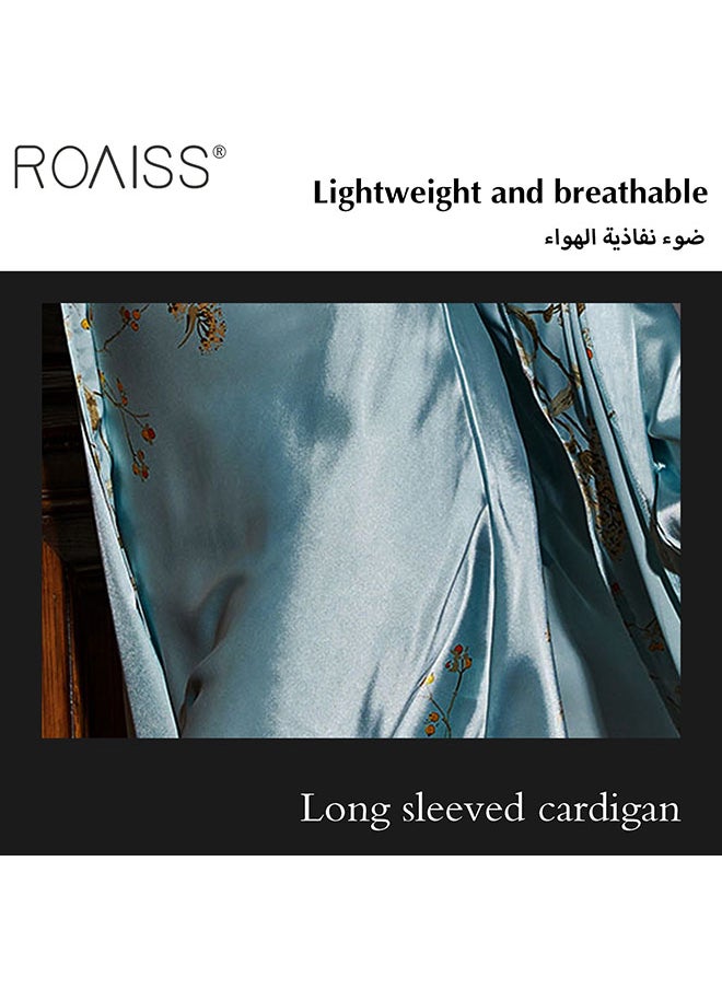 roaiss طقم نوم مكون من قطعتين من الساتان المطبوع بطول الركبة وحمالات قميص نوم كلاسيكي بأكمام طويلة وقميص نوم بيبي دول  - Image 3