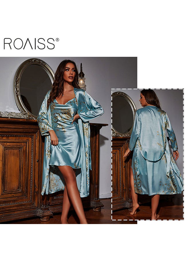 roaiss طقم نوم مكون من قطعتين من الساتان المطبوع بطول الركبة وحمالات قميص نوم كلاسيكي بأكمام طويلة وقميص نوم بيبي دول  - Image 5