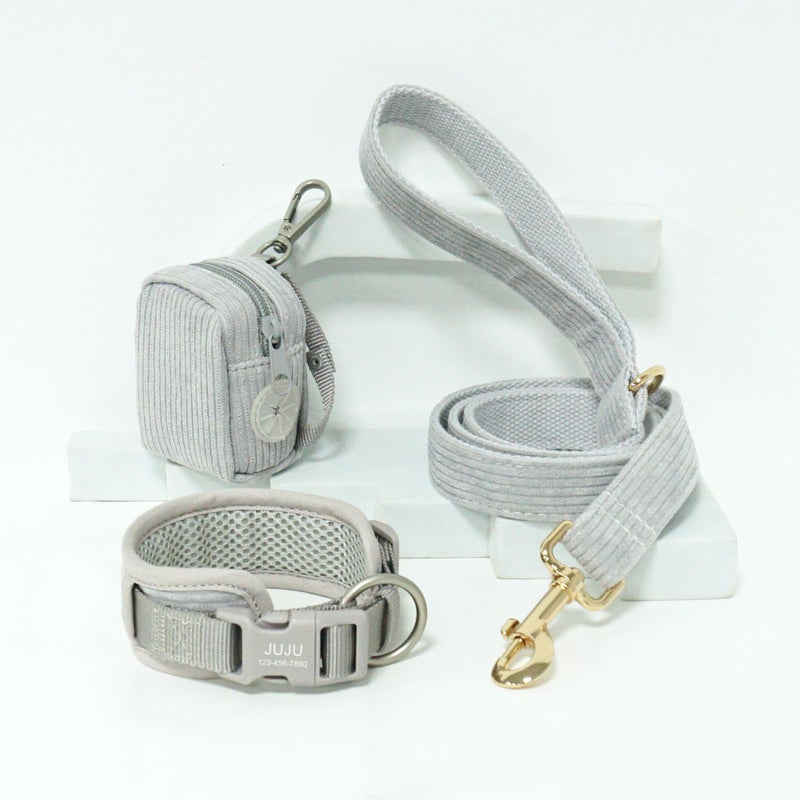 3 Pcs Set Comfortable Breathable Adjustable Pet Dog Collar With Portable Bookbag Style Leash Set In Light Blue Light Golden And Small Bag Size L Free Laser Engraving For Name And Phone Number Perfect Birthday Or Holiday Gift For Dogs - Image 3