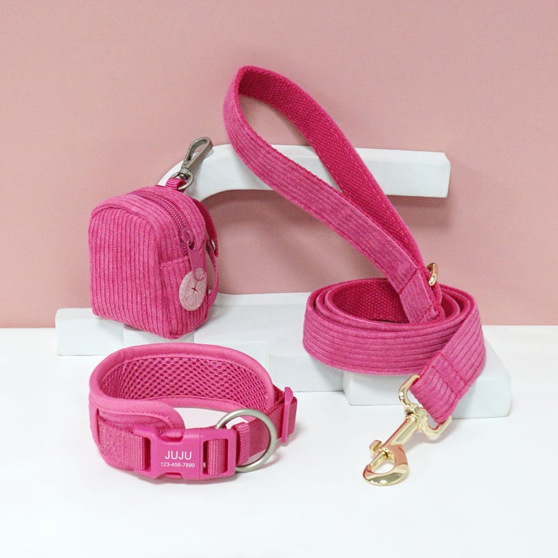 3 Pcs Set Comfortable Breathable Adjustable Pet Dog Collar With Portable Bookbag Style Leash Set In Light Blue Light Golden And Small Bag Size L Free Laser Engraving For Name And Phone Number Perfect Birthday Or Holiday Gift For Dogs - Image 1