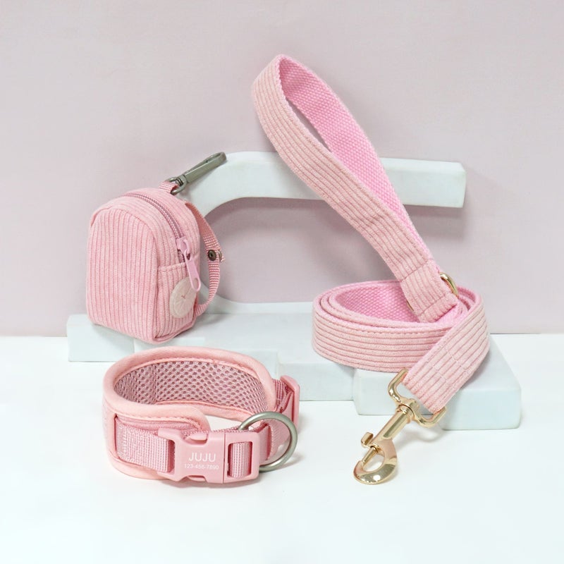 3 Pcs Set Comfortable Breathable Adjustable Pet Dog Collar With Portable Bookbag Style Leash Set In Light Blue Light Golden And Small Bag Size L Free Laser Engraving For Name And Phone Number Perfect Birthday Or Holiday Gift For Dogs - Image 4