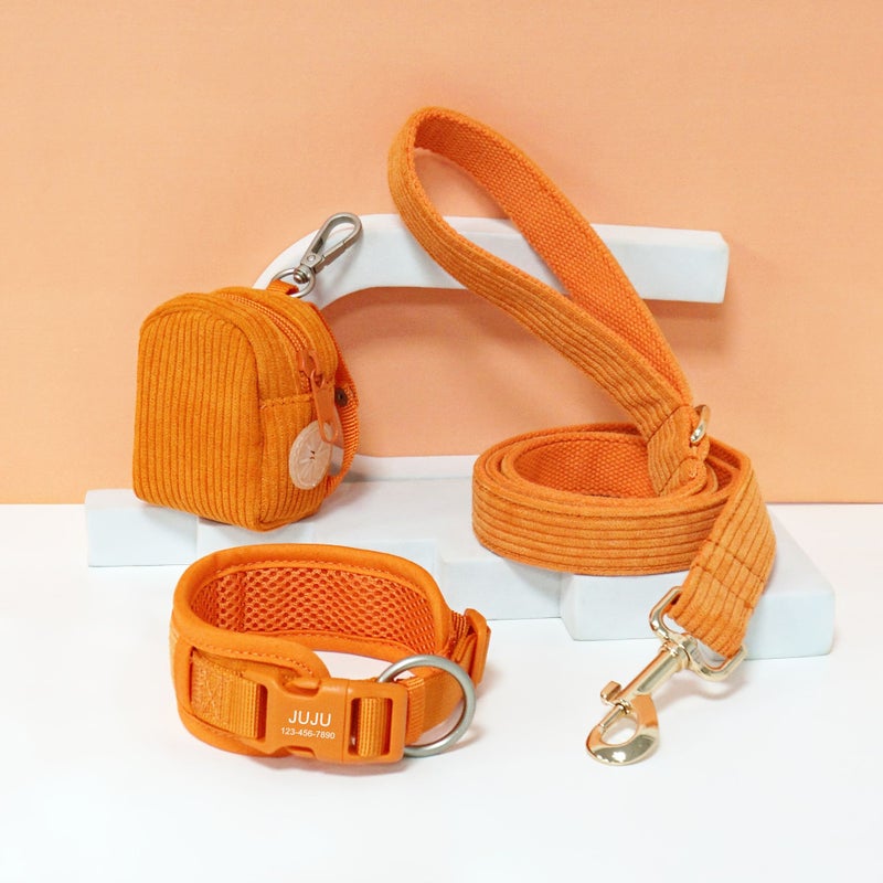 3 Pcs Set Comfortable Breathable Adjustable Pet Dog Collar With Portable Bookbag Style Leash Set In Light Blue Light Golden And Small Bag Size L Free Laser Engraving For Name And Phone Number Perfect Birthday Or Holiday Gift For Dogs - Image 2