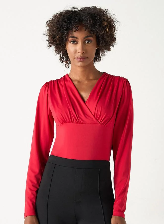 2Xtremz 2Xtremz Solid Shaping Bodysuit with V-neck and Long Sleeves