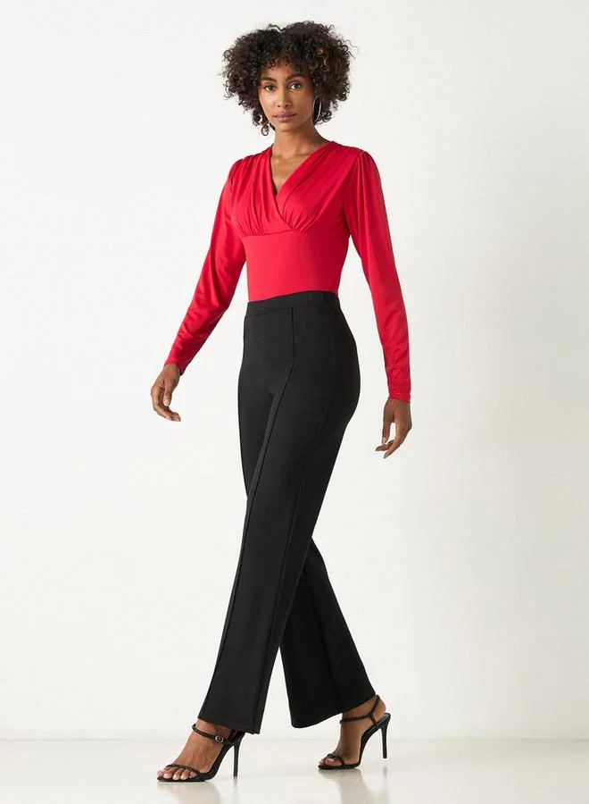 2Xtremz 2Xtremz Solid Shaping Bodysuit with V-neck and Long Sleeves