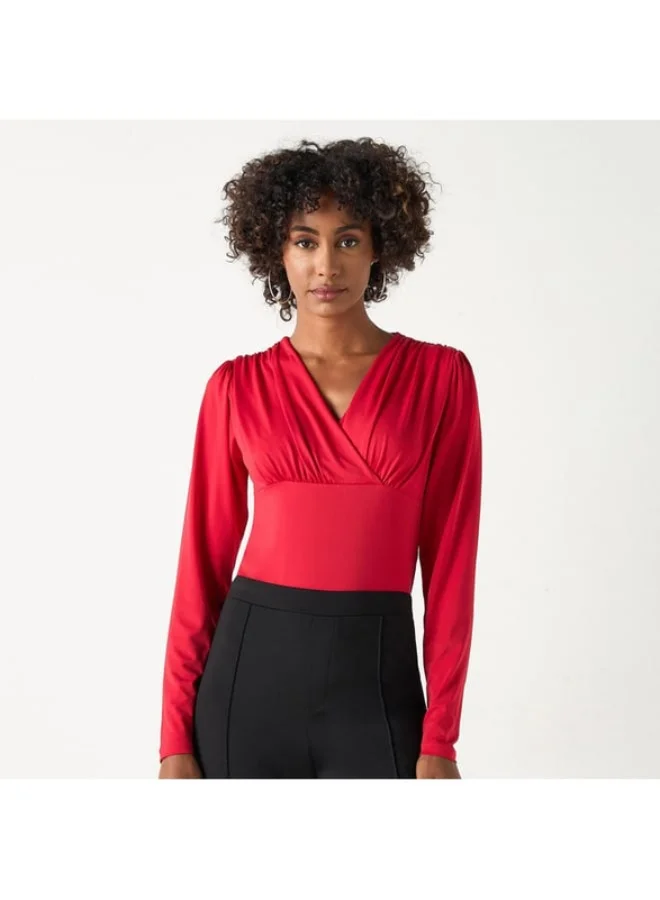 2Xtremz 2Xtremz Solid Shaping Bodysuit with V-neck and Long Sleeves