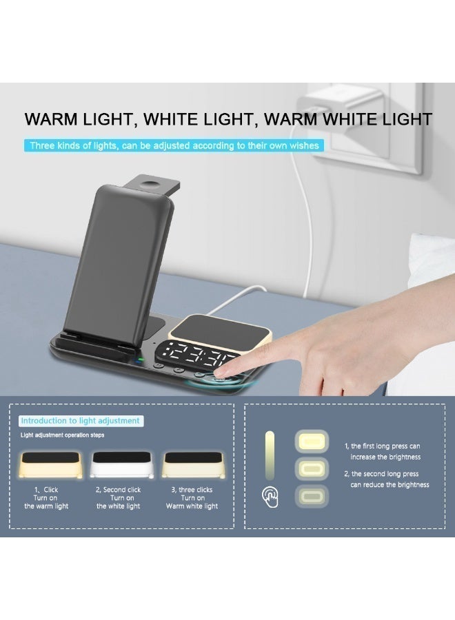 7-in-1 Wireless Charging Station 15W Fast Charger, Foldable Charging Dock with Alarm Clock & Night Light, Dual Coil Qi Charger for iPhone 16/15/14/13, Samsung Galaxy, Apple Watch & AirPods - Black - Image 4