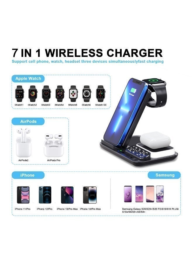7-in-1 Wireless Charging Station 15W Fast Charger, Foldable Charging Dock with Alarm Clock & Night Light, Dual Coil Qi Charger for iPhone 16/15/14/13, Samsung Galaxy, Apple Watch & AirPods - Black - Image 5
