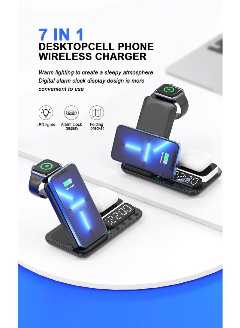 7-in-1 Wireless Charging Station 15W Fast Charger, Foldable Charging Dock with Alarm Clock & Night Light, Dual Coil Qi Charger for iPhone 16/15/14/13, Samsung Galaxy, Apple Watch & AirPods - Black - Image 2