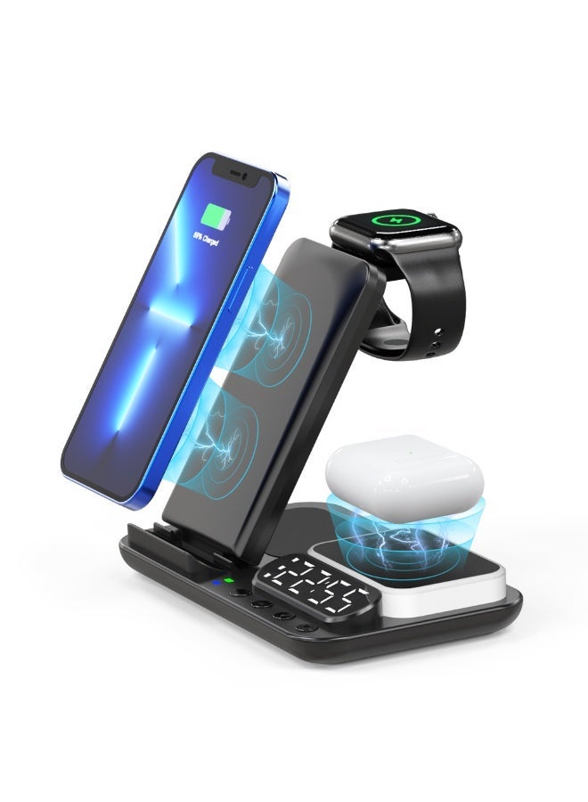 7-in-1 Wireless Charging Station 15W Fast Charger, Foldable Charging Dock with Alarm Clock & Night Light, Dual Coil Qi Charger for iPhone 16/15/14/13, Samsung Galaxy, Apple Watch & AirPods - Black - Image 1