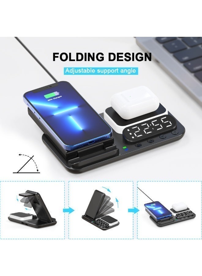 7-in-1 Wireless Charging Station 15W Fast Charger, Foldable Charging Dock with Alarm Clock & Night Light, Dual Coil Qi Charger for iPhone 16/15/14/13, Samsung Galaxy, Apple Watch & AirPods - Black - Image 3