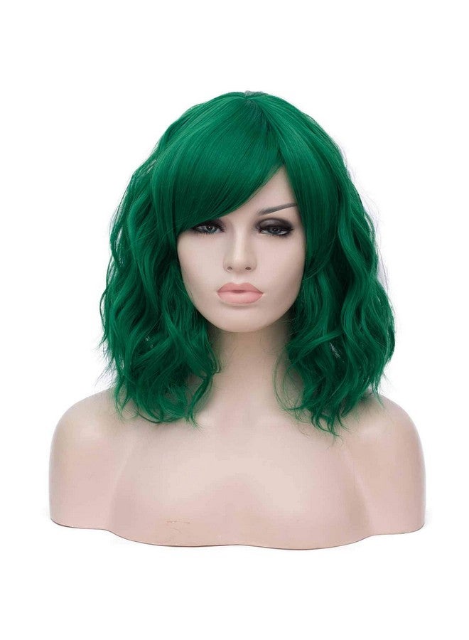 Mildiso Dark Green Wigs for Women Short Curly Wavy Bob Wig with Bangs Green Hair Wig with Wig Caps Cute Colorful Synthetic Wig for Daily Party M073 - Image 1