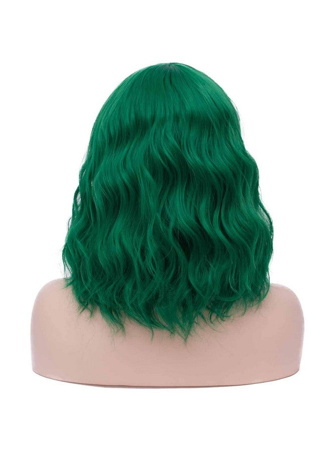 Mildiso Dark Green Wigs for Women Short Curly Wavy Bob Wig with Bangs Green Hair Wig with Wig Caps Cute Colorful Synthetic Wig for Daily Party M073 - Image 2