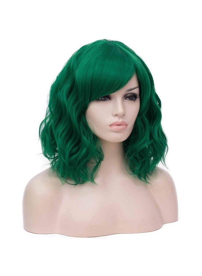 Mildiso Dark Green Wigs for Women Short Curly Wavy Bob Wig with Bangs Green Hair Wig with Wig Caps Cute Colorful Synthetic Wig for Daily Party M073 - Image 4