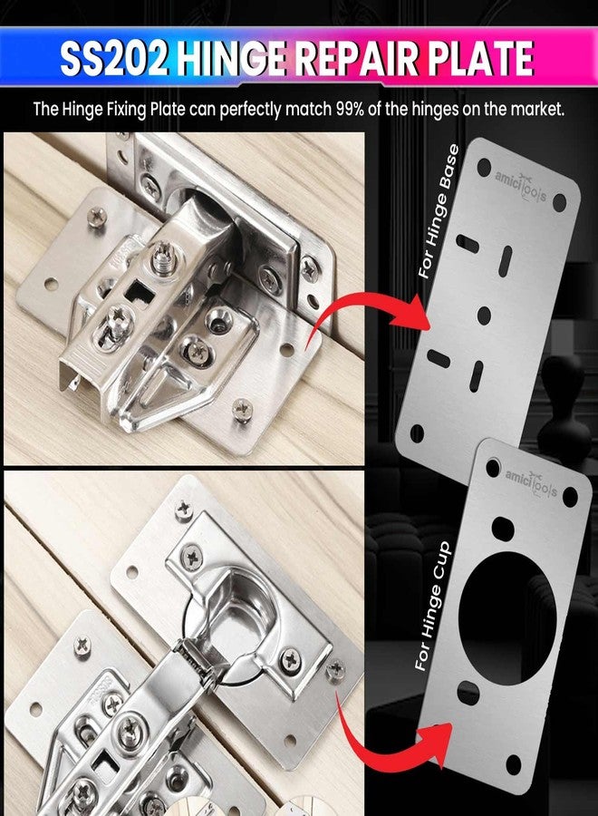 amiciTools Hinge Repair Plate Kit | Stainless Steel Door Hinge Reinforcement | Fix Loose Cabinet Hinges Quickly | 8 Pcs with Screws - Image 2