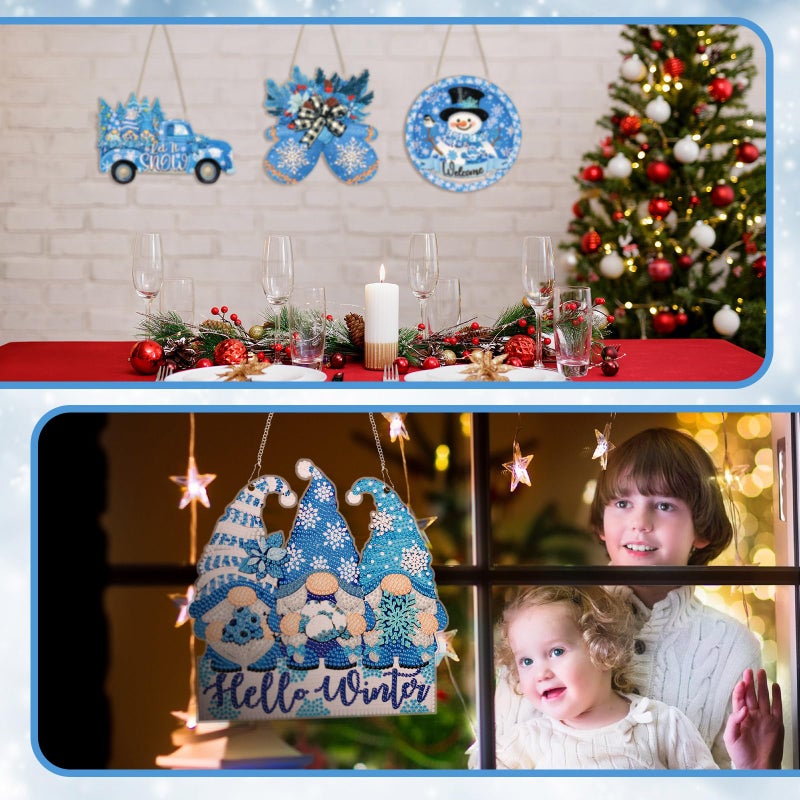 Zonon 6 Pcs Winter Diamond Painting Hanging Sign Set 5d Snowman Diamond Art Set for Adults DIY Gnome Art Pendant Ornaments Kits Acrylic Winter Tree Wreath Truck for Wall Window Decor - Image 5