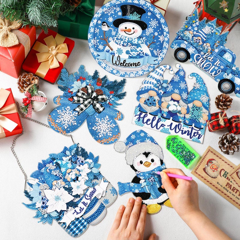Zonon 6 Pcs Winter Diamond Painting Hanging Sign Set 5d Snowman Diamond Art Set for Adults DIY Gnome Art Pendant Ornaments Kits Acrylic Winter Tree Wreath Truck for Wall Window Decor - Image 3