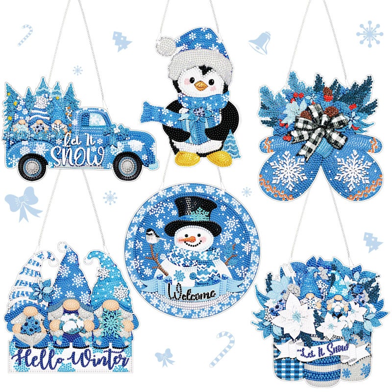 Zonon 6 Pcs Winter Diamond Painting Hanging Sign Set 5d Snowman Diamond Art Set for Adults DIY Gnome Art Pendant Ornaments Kits Acrylic Winter Tree Wreath Truck for Wall Window Decor - Image 1