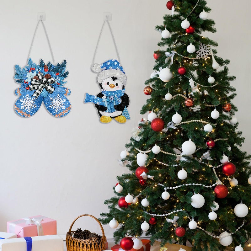 Zonon 6 Pcs Winter Diamond Painting Hanging Sign Set 5d Snowman Diamond Art Set for Adults DIY Gnome Art Pendant Ornaments Kits Acrylic Winter Tree Wreath Truck for Wall Window Decor - Image 2