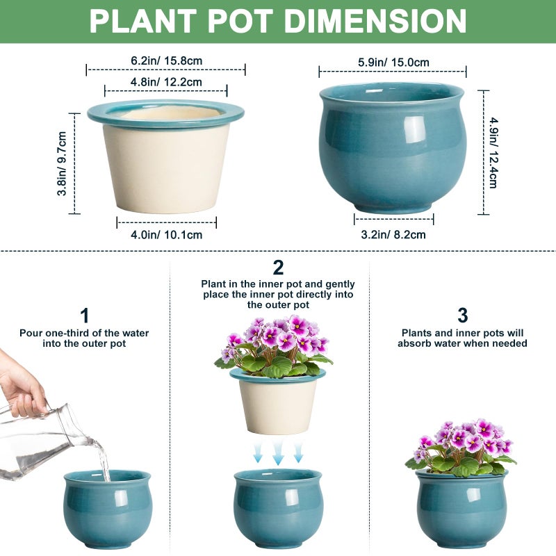 Teagas African Violet Pots 6 Inch, Ceramic Self Watering Pot with Absorbent Inner Planter, African Plant Pots for Indoor Plants, Round Flower Pot, Bedroom Decor, Gifts for Plant Lover, Glaze Blue - Image 2