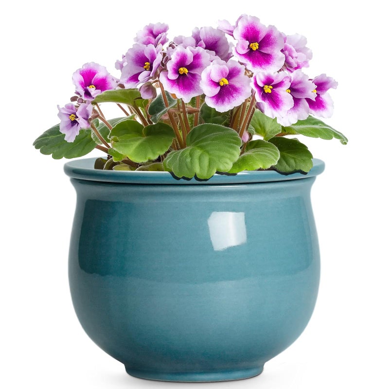 Teagas African Violet Pots 6 Inch, Ceramic Self Watering Pot with Absorbent Inner Planter, African Plant Pots for Indoor Plants, Round Flower Pot, Bedroom Decor, Gifts for Plant Lover, Glaze Blue - Image 1