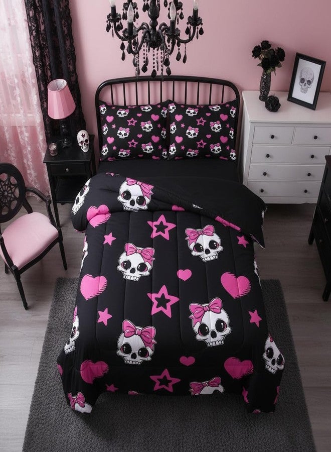 Castle Fairy Cartoon Skull Twin Size Down Comforter Set,Halloween Theme Cute Skeletons Duvet/Quilt Set Soft Bed Collection,Pink Hearts Stars Bow Black Bedding Comforter for Boys Girls Bedroom,2 Pcs - Image 2