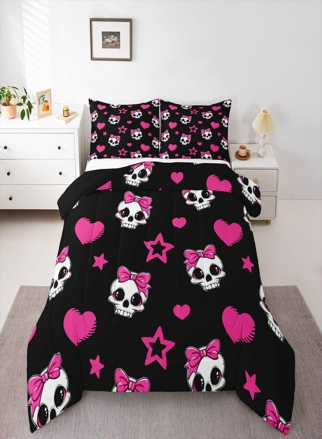 Castle Fairy Cartoon Skull Twin Size Down Comforter Set,Halloween Theme Cute Skeletons Duvet/Quilt Set Soft Bed Collection,Pink Hearts Stars Bow Black Bedding Comforter for Boys Girls Bedroom,2 Pcs - Image 3