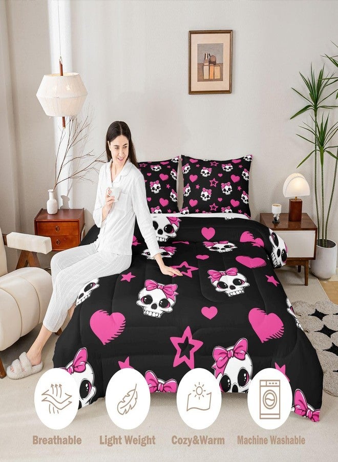Castle Fairy Cartoon Skull Twin Size Down Comforter Set,Halloween Theme Cute Skeletons Duvet/Quilt Set Soft Bed Collection,Pink Hearts Stars Bow Black Bedding Comforter for Boys Girls Bedroom,2 Pcs - Image 4