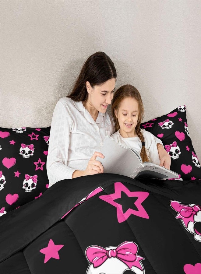 Castle Fairy Cartoon Skull Twin Size Down Comforter Set,Halloween Theme Cute Skeletons Duvet/Quilt Set Soft Bed Collection,Pink Hearts Stars Bow Black Bedding Comforter for Boys Girls Bedroom,2 Pcs - Image 5