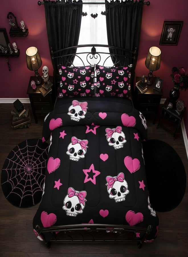 Castle Fairy Cartoon Skull Twin Size Down Comforter Set,Halloween Theme Cute Skeletons Duvet/Quilt Set Soft Bed Collection,Pink Hearts Stars Bow Black Bedding Comforter for Boys Girls Bedroom,2 Pcs - Image 1