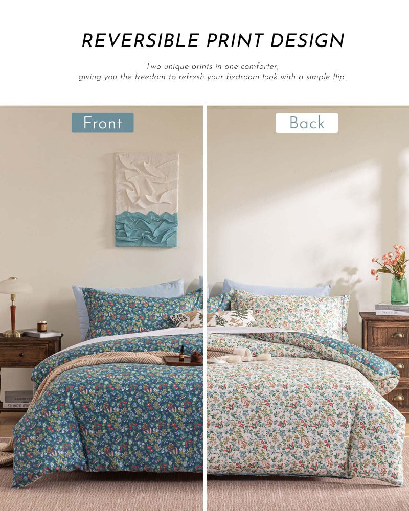 ALEISSEL Cotton Floral Comforter Queen Size - 3PC Lightweight Bedding Sets with Ultra-Soft Alternative Fill, Luxurious Reversible Design with Vibrant Floral Pattern, Deep Slate Blue & White Options - Image 4