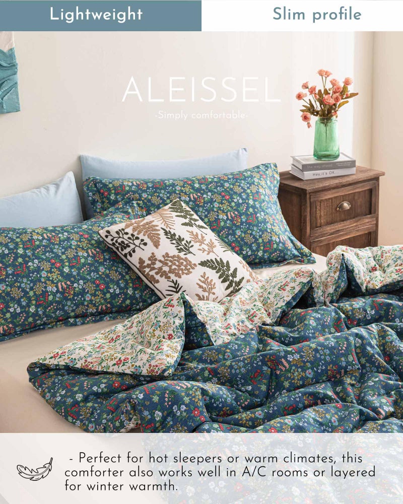ALEISSEL Cotton Floral Comforter Queen Size - 3PC Lightweight Bedding Sets with Ultra-Soft Alternative Fill, Luxurious Reversible Design with Vibrant Floral Pattern, Deep Slate Blue & White Options - Image 3