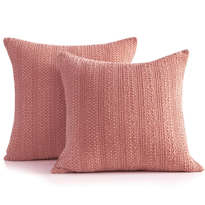 18X18 THROW PILLOW COVERS SET OF 2 BOHO DECORATIVE PILLOW SHAMS STONE WASHED COTTON PILLOWCASE WAFFLE SQUARE FOR COUCH SOFA CHAIR BED CARCORAL PINK