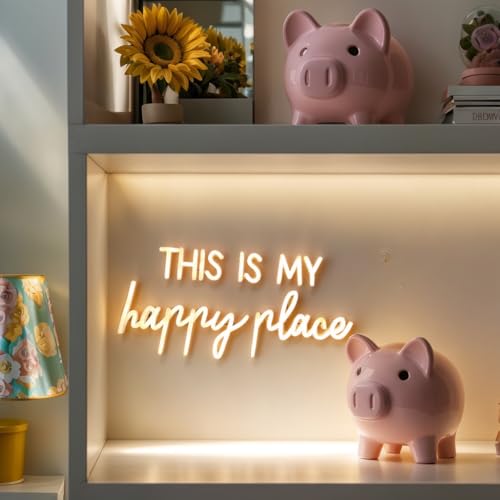 Adnkwolivt Neon Lights for Wall Decor - This Is My Happy Place Neon Signs for Teen Girls Bedroom Decor, Led Sign for Wall Decor, Nightstand Light, Dimmable Switch USB Power, Adhesive Hook Included - Image 3