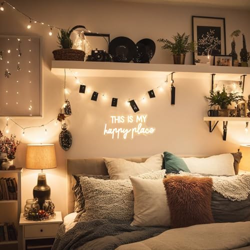Adnkwolivt Neon Lights for Wall Decor - This Is My Happy Place Neon Signs for Teen Girls Bedroom Decor, Led Sign for Wall Decor, Nightstand Light, Dimmable Switch USB Power, Adhesive Hook Included - Image 4
