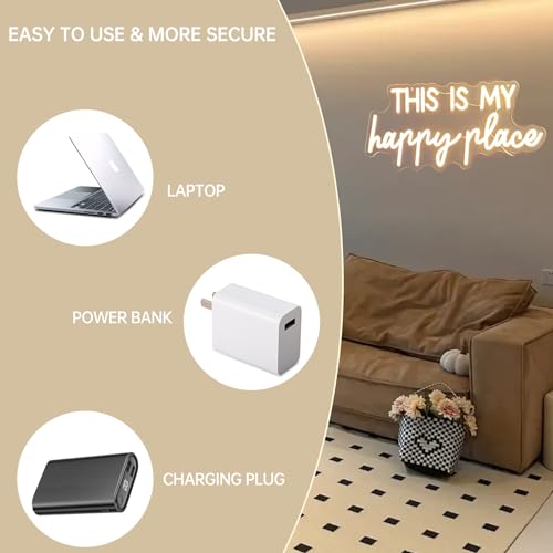 Adnkwolivt Neon Lights for Wall Decor - This Is My Happy Place Neon Signs for Teen Girls Bedroom Decor, Led Sign for Wall Decor, Nightstand Light, Dimmable Switch USB Power, Adhesive Hook Included - Image 2
