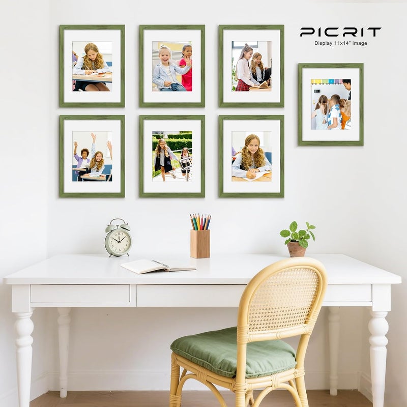 Picrit 11x14 Picture Frame Set of 12, Display 8x10 with Mat or 11x14 Without Mat, Photo Frames for Wall Mounting or Table Top Display, Green Wood Grain. - Image 3