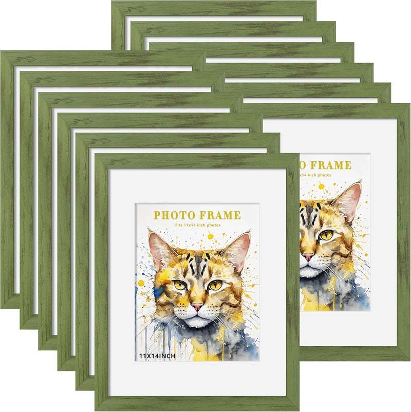 Picrit 11x14 Picture Frame Set of 12, Display 8x10 with Mat or 11x14 Without Mat, Photo Frames for Wall Mounting or Table Top Display, Green Wood Grain. - Image 1