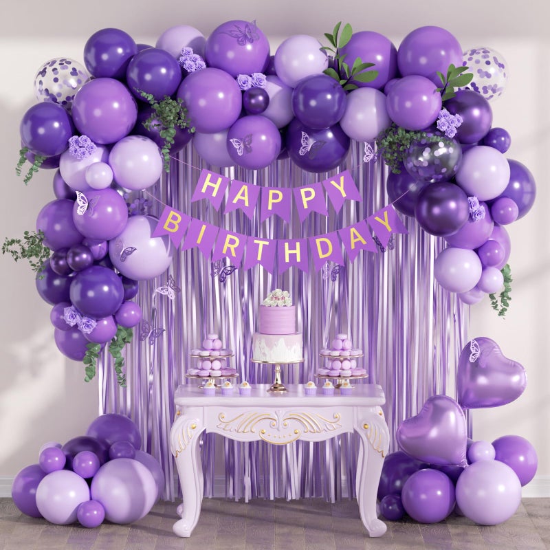 Leraqertra Purple Birthday Decorations for Women with Metallic Dark Pastel Purple Confetti Foil Balloons Fringe Curtain Banner for Women Birthday Decorations - Image 1
