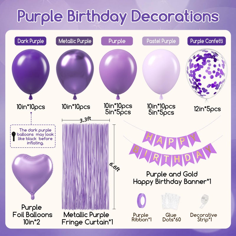 Leraqertra Purple Birthday Decorations for Women with Metallic Dark Pastel Purple Confetti Foil Balloons Fringe Curtain Banner for Women Birthday Decorations - Image 2