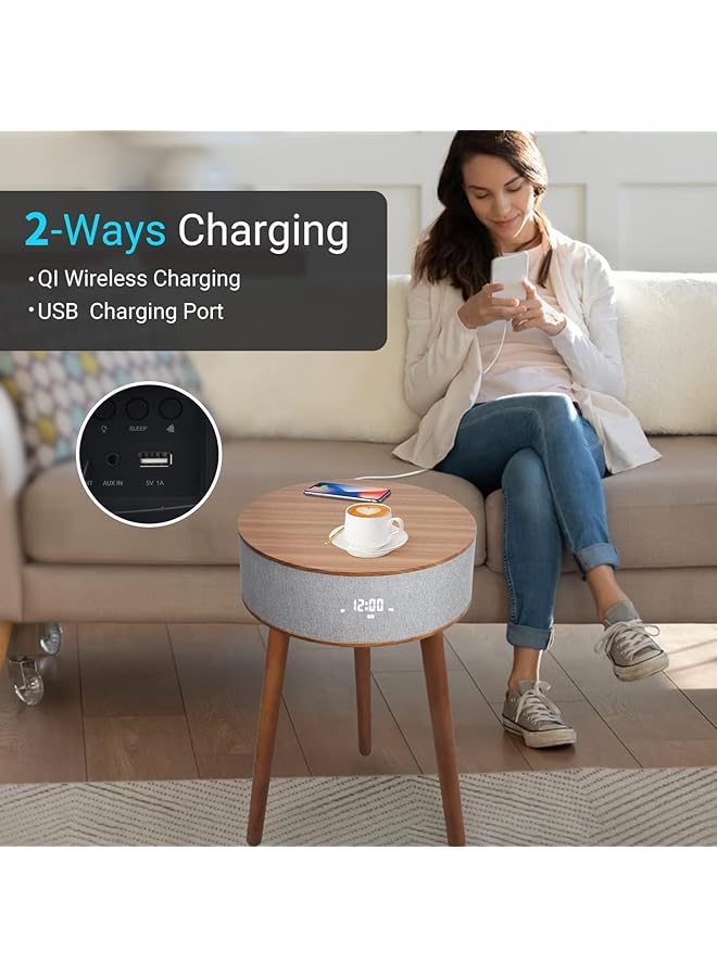erorex Portable Bluetooth Speaker With Wireless Charger And Usb Charging Dock Smart End Table Built In Wireless Charging For Living Room Reception Room Office Oak - Image 3