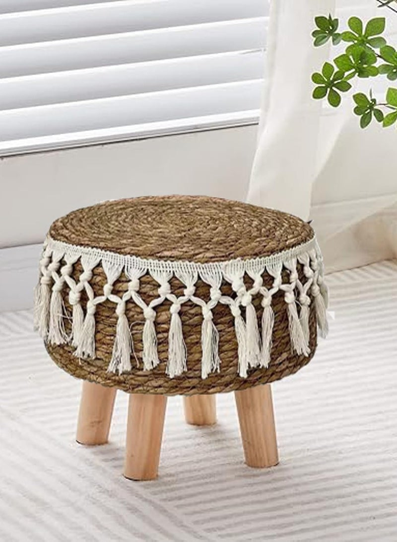 HOME TASTE TOMSUN Footrest Ottoman Stool – Handwoven Round Stool with Padded Cushion & Non-Skid Pine Legs | Soft Step Footrest for Shoe Change & Lounge Use  - Image 1